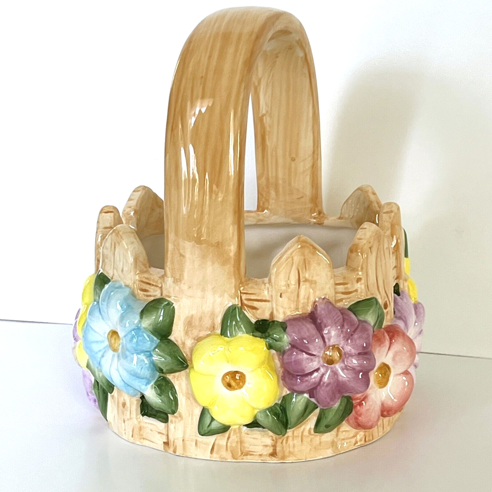 Ceramic Basket Planter Easter Spring Picket Fence Multicolor Spring Flowers