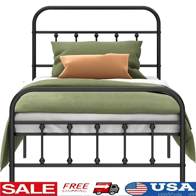 Metal Bed Frame W/ Headboard Storage Space Easy Assembly Squeak Resistant New