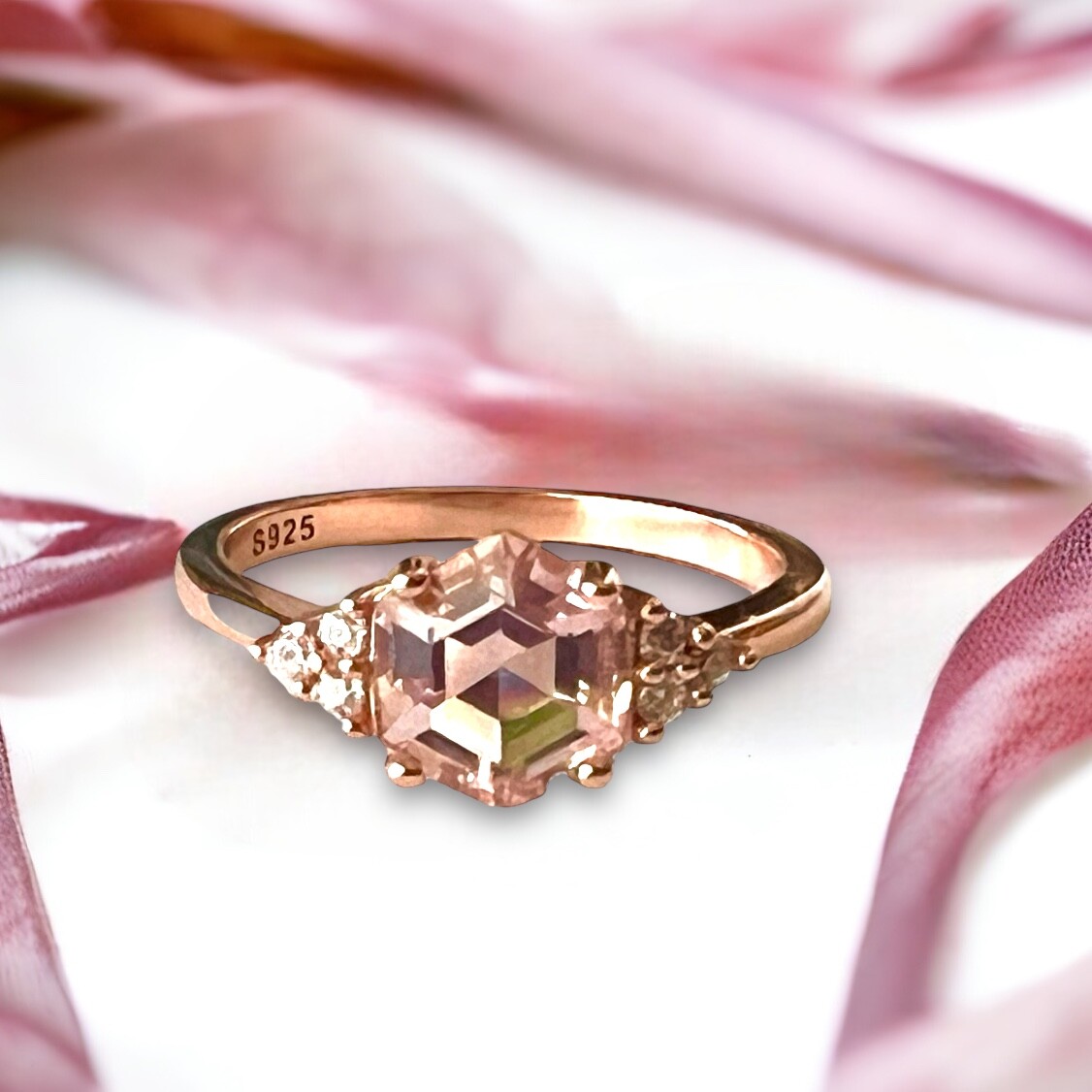 Handmade Lab Made Morganite Ring 14k Rose Gold Vermeil , Beryl , Gift Of Love