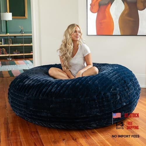 6 Foot Cocoon - 2-in-1 Convertible Bean Bag Bed & Mondo Midnight Blue Faux Fur