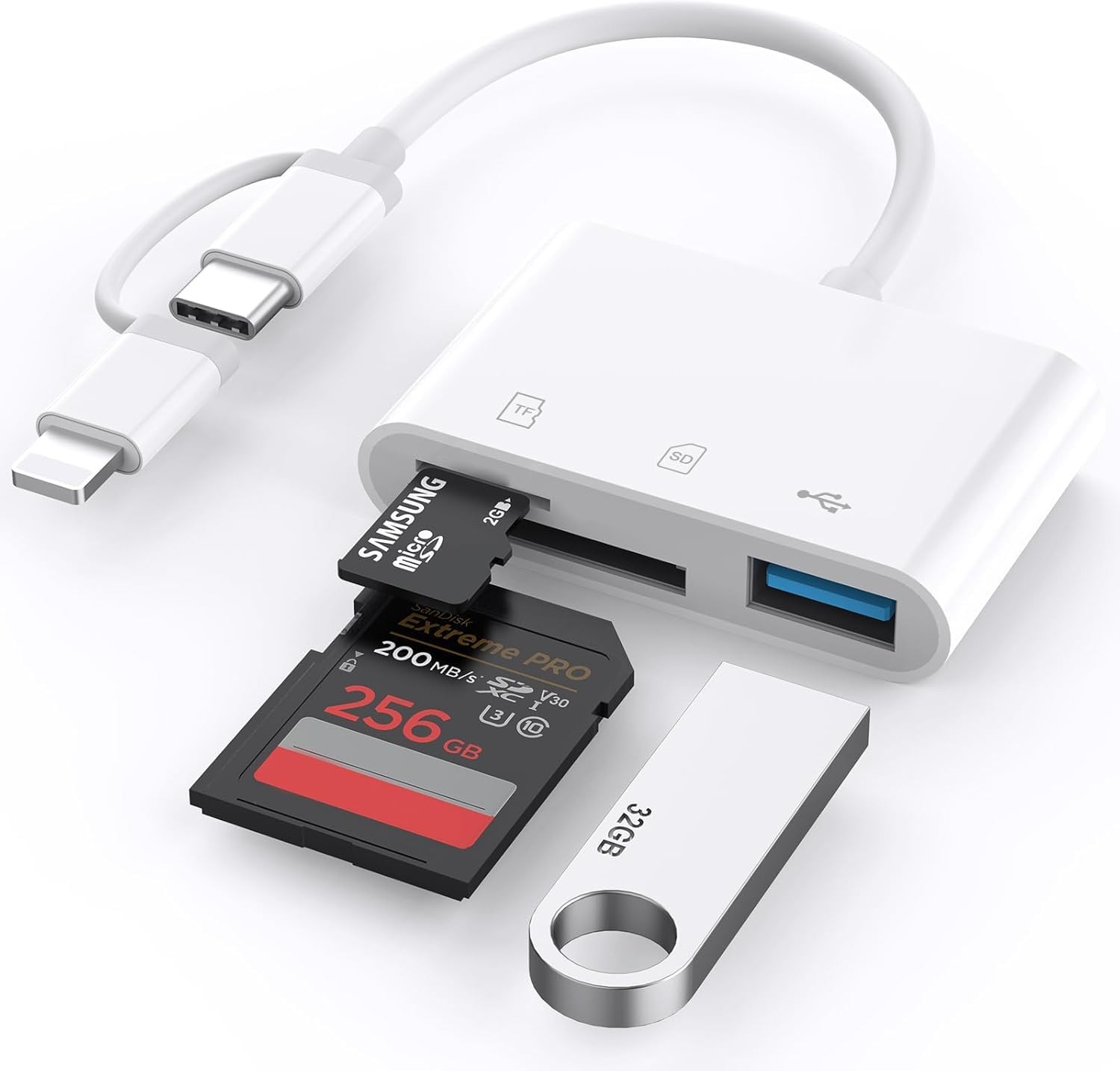 SD Card Reader for iPhone iPad, Built-in Lightning USB-Dual Port SD Card Adap...