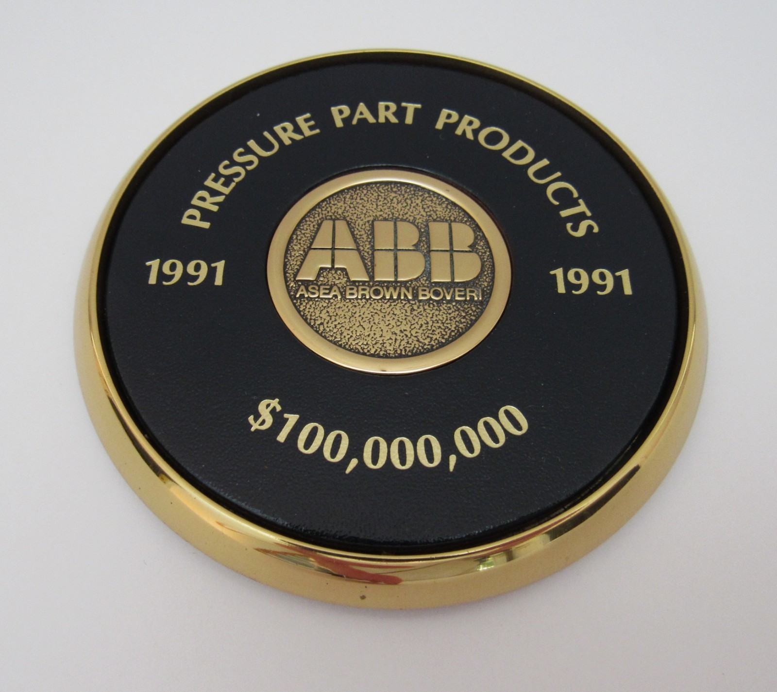 NEW VINTAGE 1991 ABB PRESSURE PART PRODUCTS $100,000,000 DRINK COASTER 3¾" ROUND
