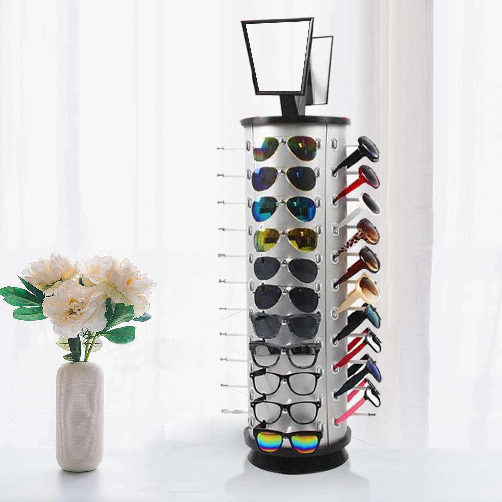 44 Pair Sunglasses Display 360° Rotating Rack Glasses Holder Stand w/ Mirror US