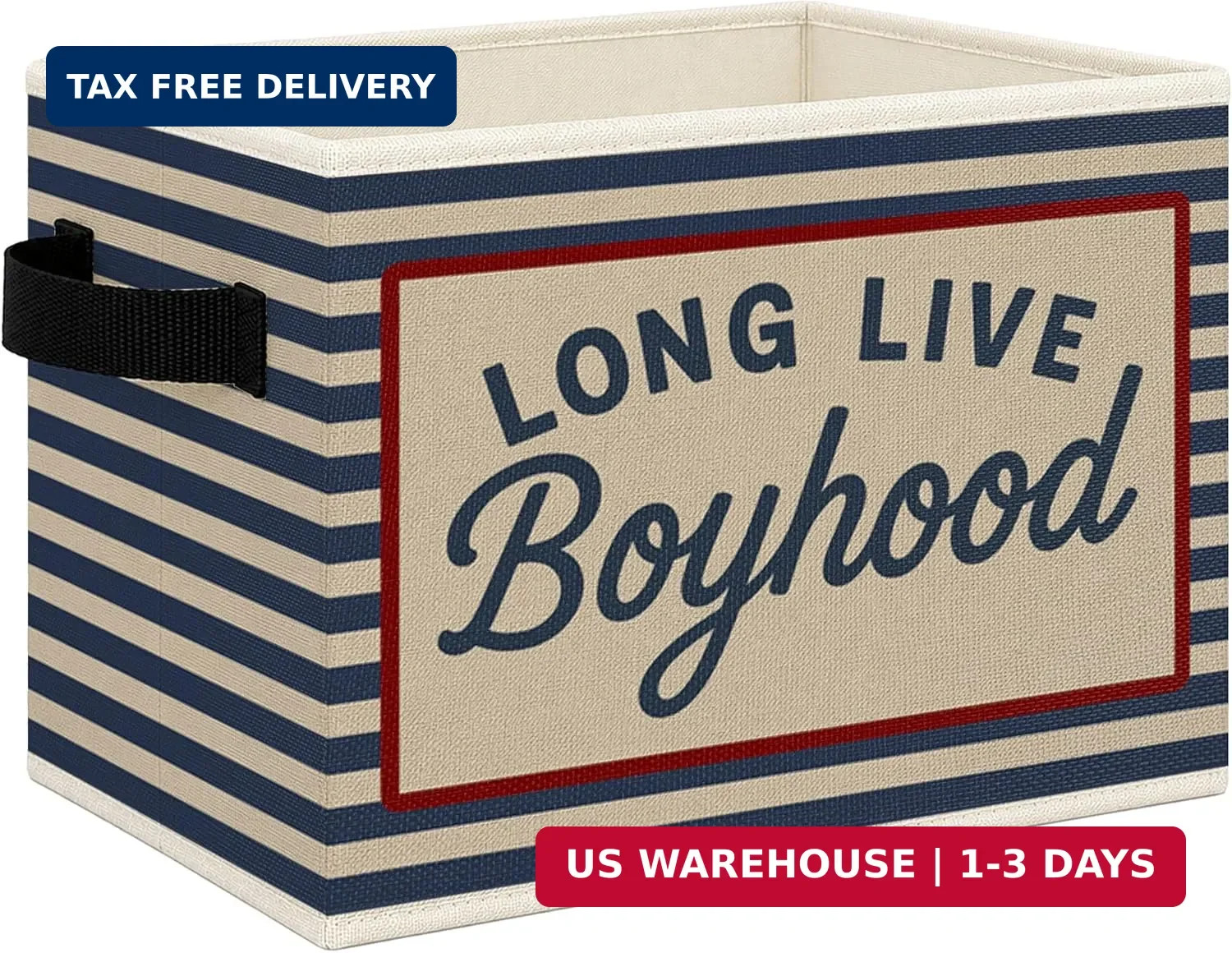 Boys Long Live Boyhood Foldable Storage Bins Box with Handles, Retro Blue Stripe