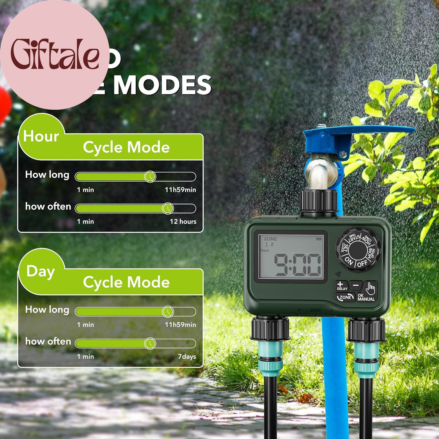 Sprinkler Timer Outdoor - 2 Zone Programmable Water Timer with Rain Delay, Autom
