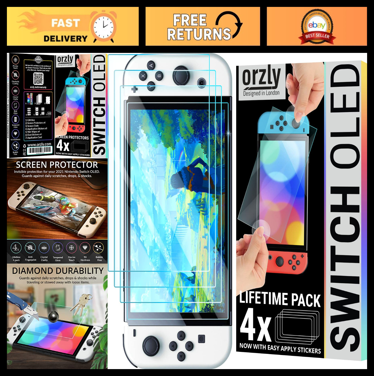 Tempered Glass Screen Protector for Nintendo Switch OLED - 4 Pack, Lifetime Edit