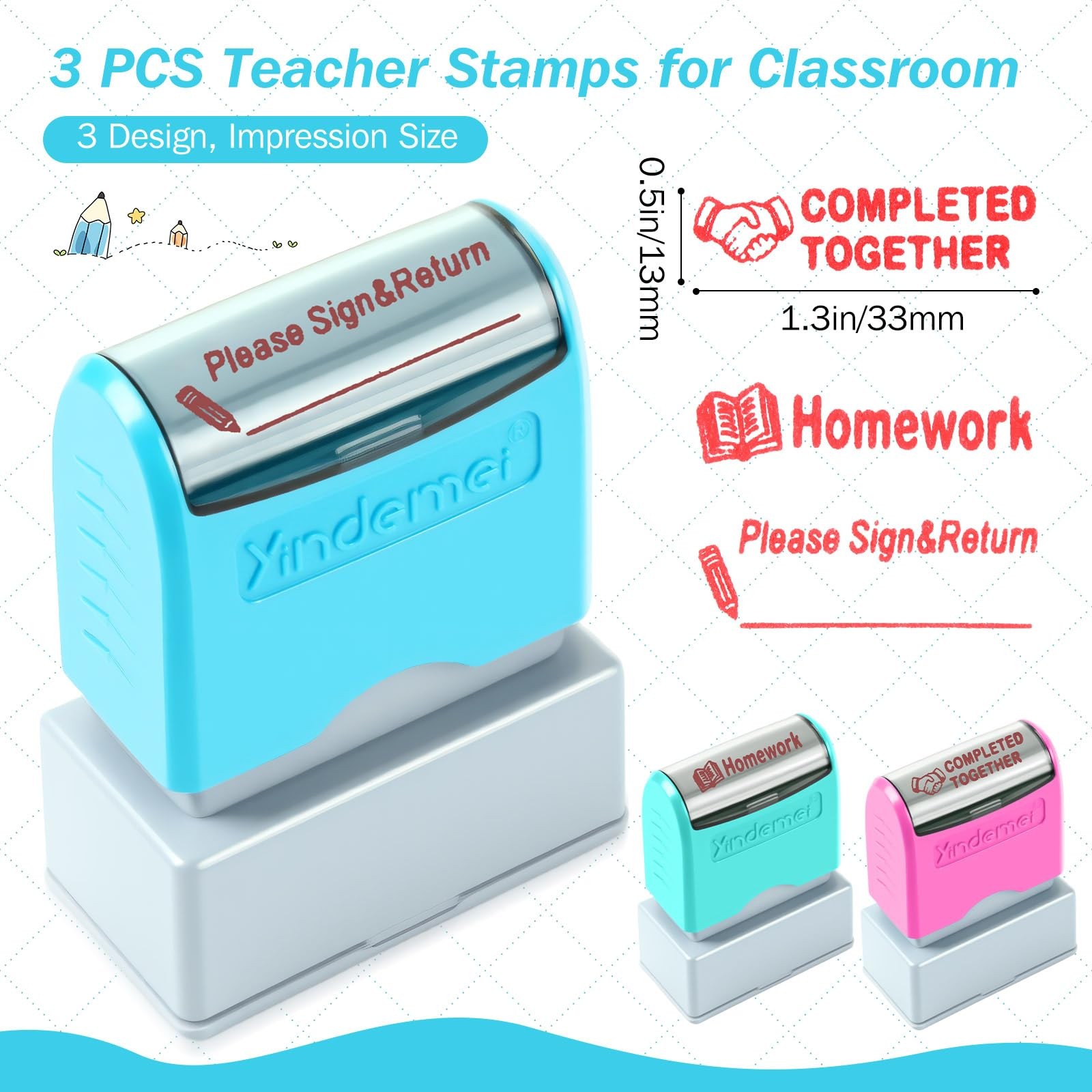 Teacher Stamps Set Self Inking Please Sign Return Homework Classroom 3 PCS