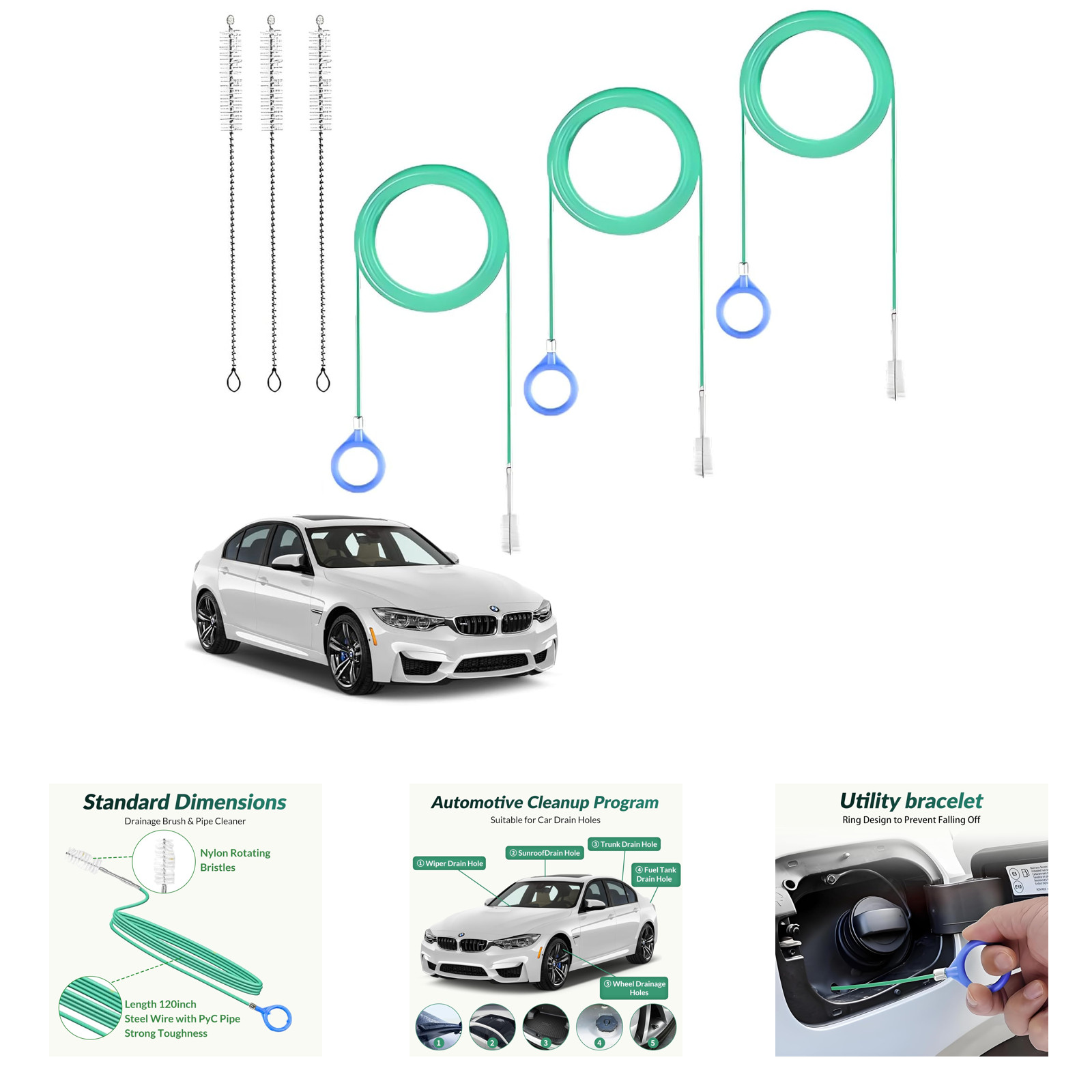 Auto Sunroof Cleaning Tool, 3Pcs Flexible 120 Inch Long Pipe Brush, 7.9 Inch