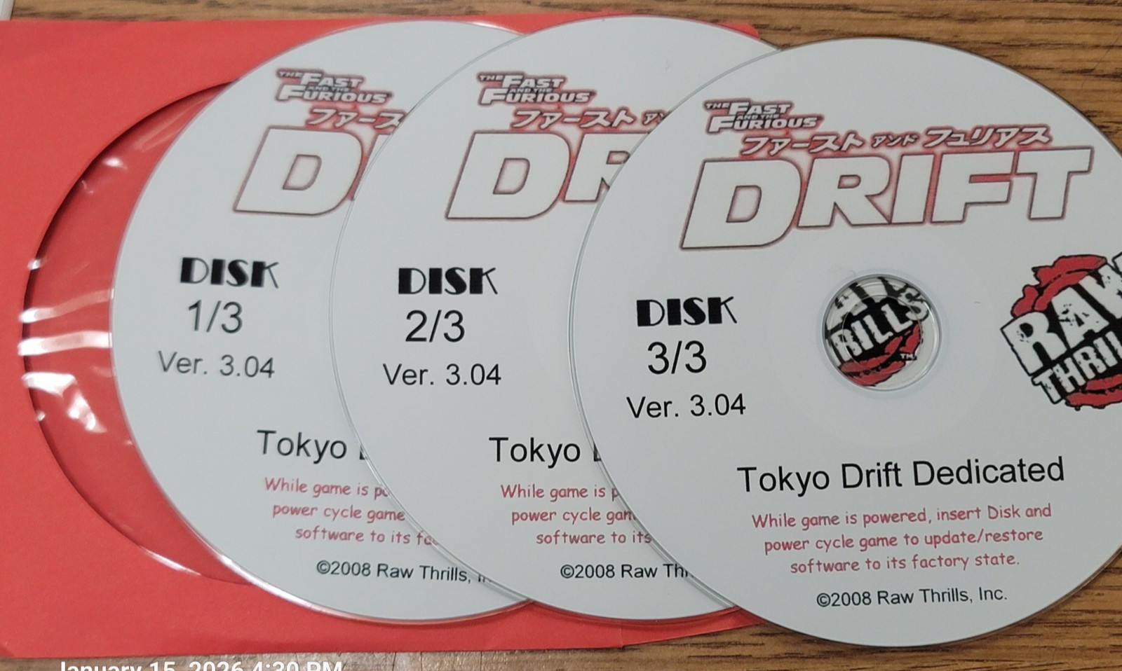 FAST & FURIOUS Tokyo Drift RAW THRILLS RECOVERY DISK SET V3.04 Dedicated Red Cab