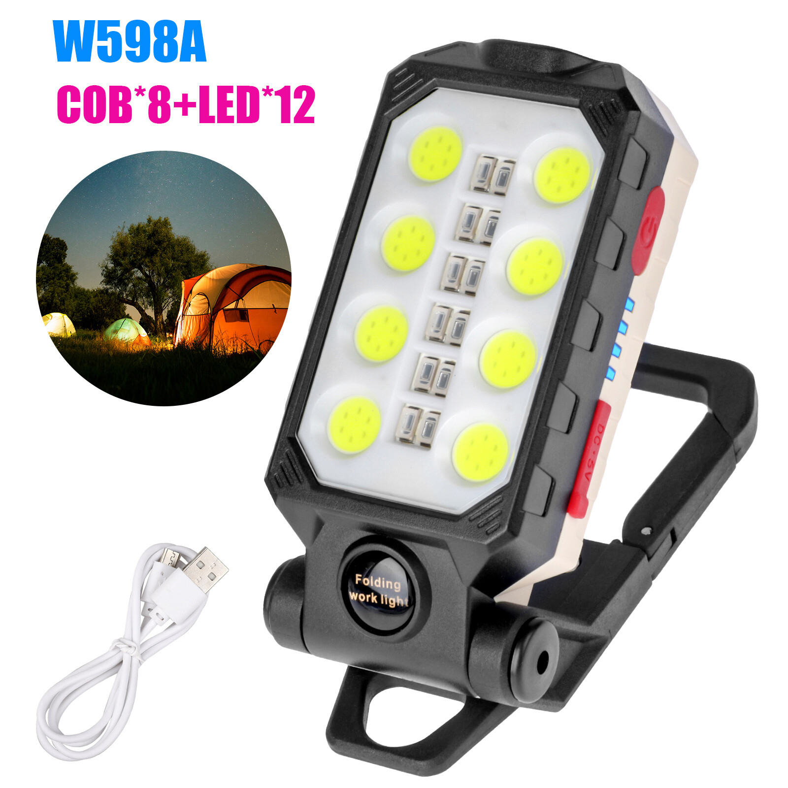 LED Work Light Flashlight Magnetic USB Rechargeable COB Camping Lamp with Hook