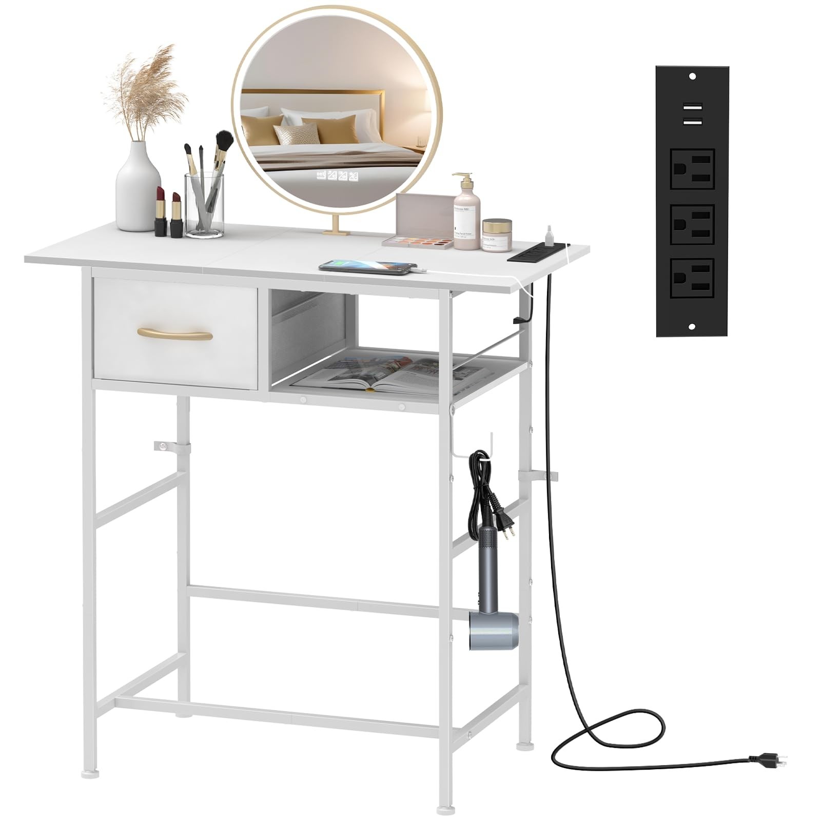 Compact Makeup Desk with Charging Station, Small Vanity Table & Drawer, White