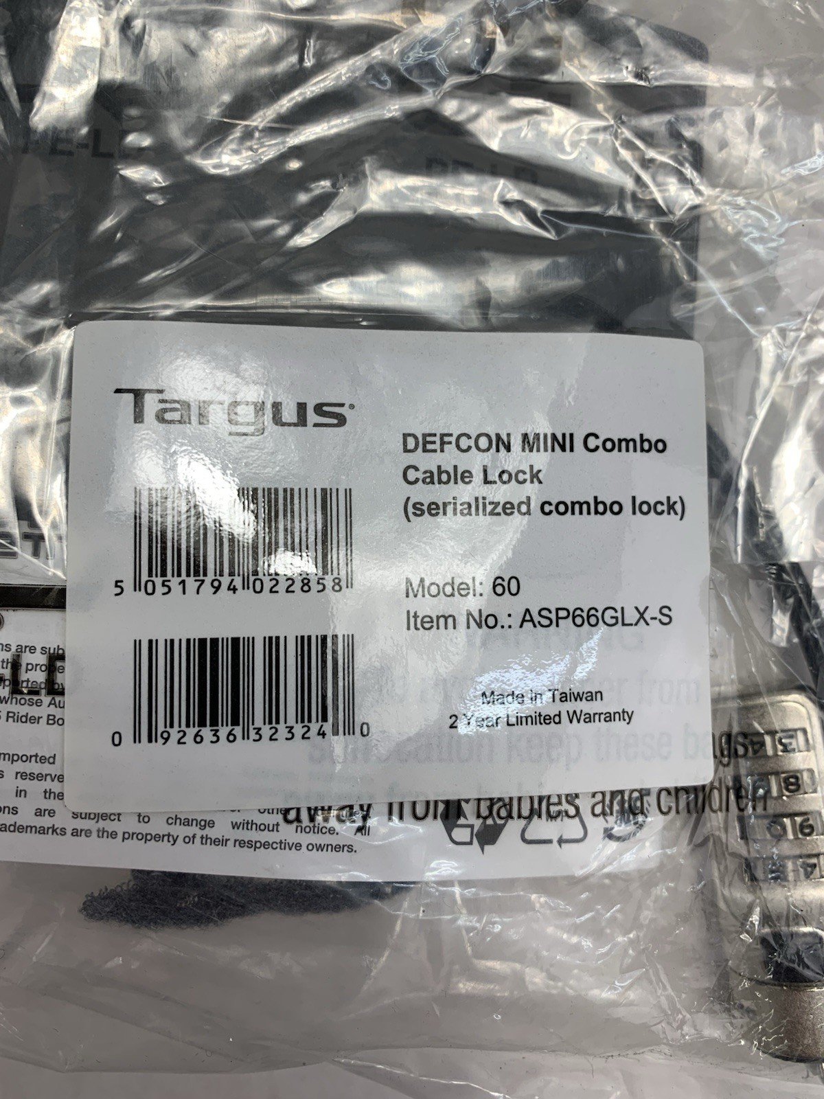 Targus DEFCON MINI 60 ASP66GLX-S Combo Cable Lock