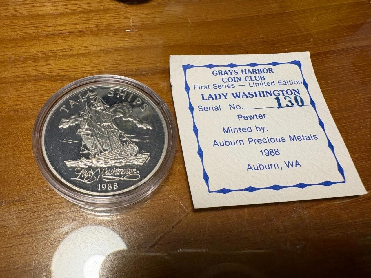 1988 Grays Harbor Coin Club #130 Pewter Limited Ed of only 500, Uncirc SKU 32608