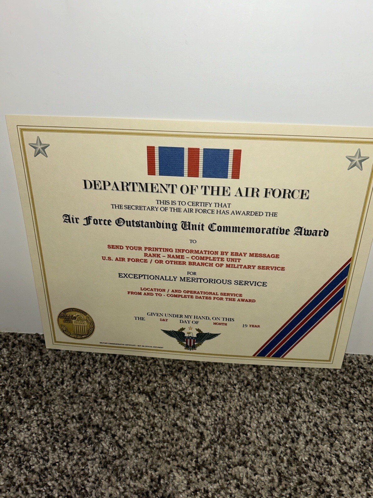 AIR FORCE OUTSTANDING UNIT COMMEMORATIVE AWARD CERTIFICATE~W/PRINTING T-1