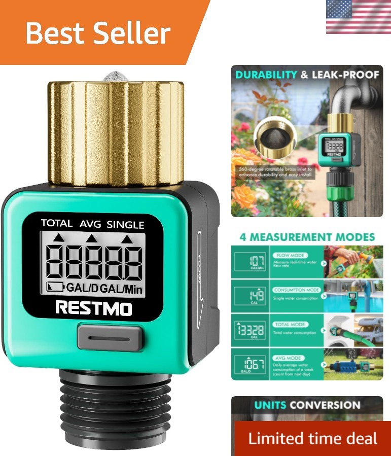 Water Flow Meter with Brass Inlet Metal Thread, Measure Gallon/Liter Consumpt...