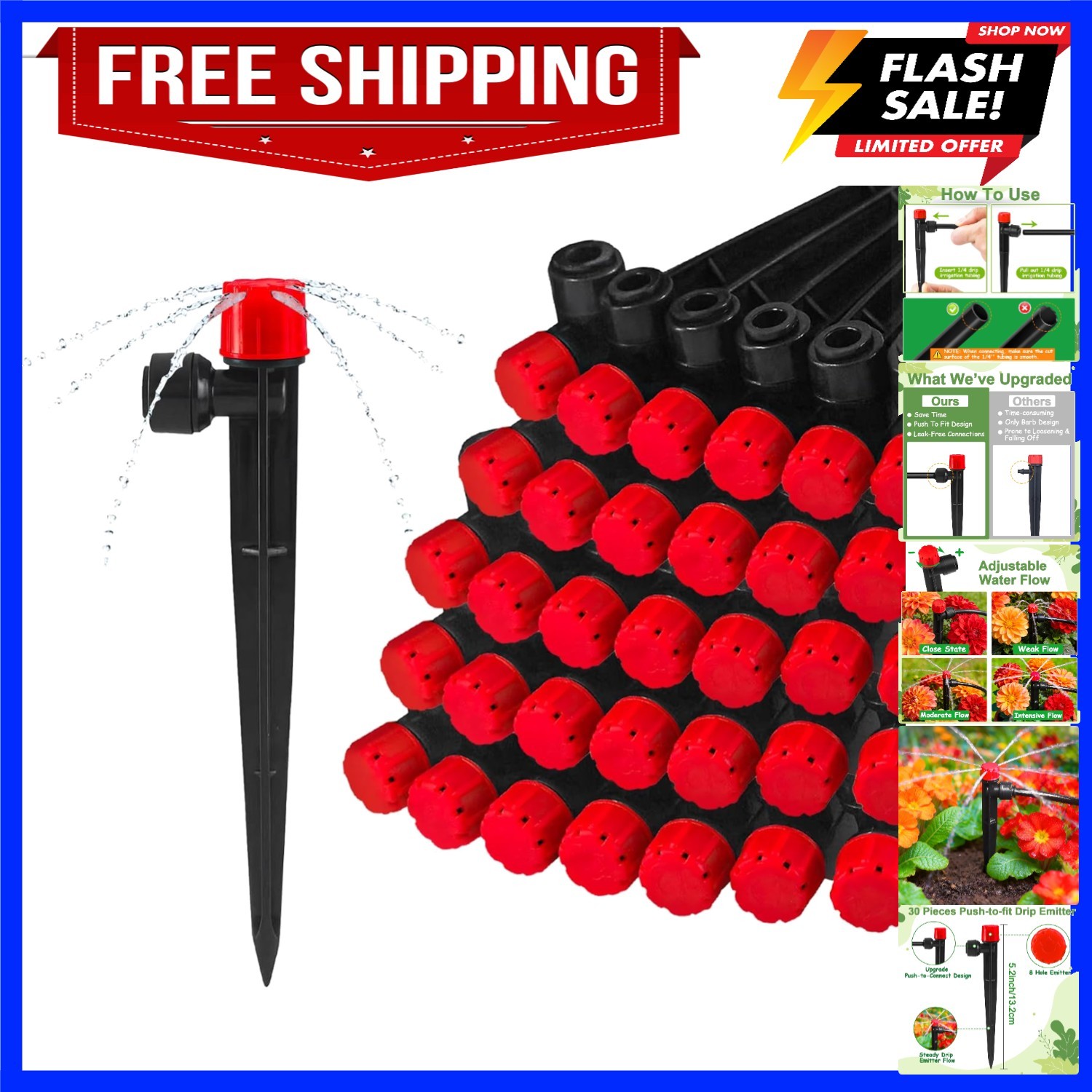 30 Pieces Quick Connect Drip Irrigation Emitters for 1/4" Tubing, Adjustable ...