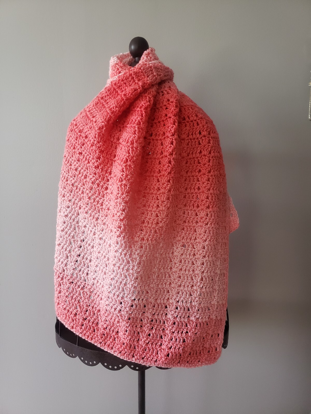 Ombre Handmade Crocheted Lap Blanket, Baby Wrap, Shawl Pink 56"x20"
