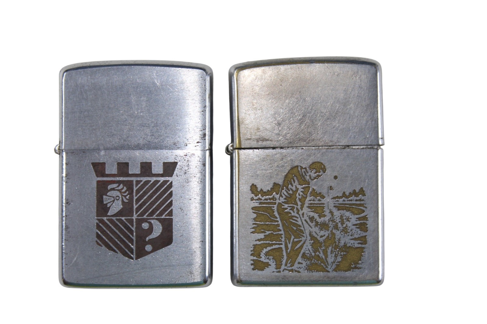 2 Vintage Zippo Lighters Sportsman Golf Player Coat Of Arms Knight Shield