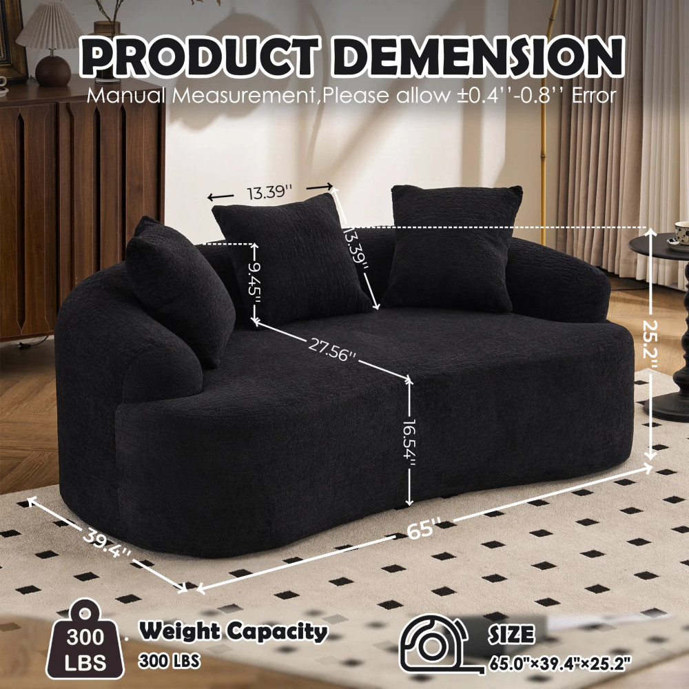 Small Loveseat Sofa 65\" L for Small Spaces w/ Chenille & Compressed Foam