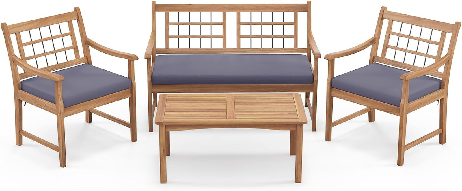 4 Piece Wood Patio Furniture Set, Outdoor Conversation Set W/Soft Seat Cushions,