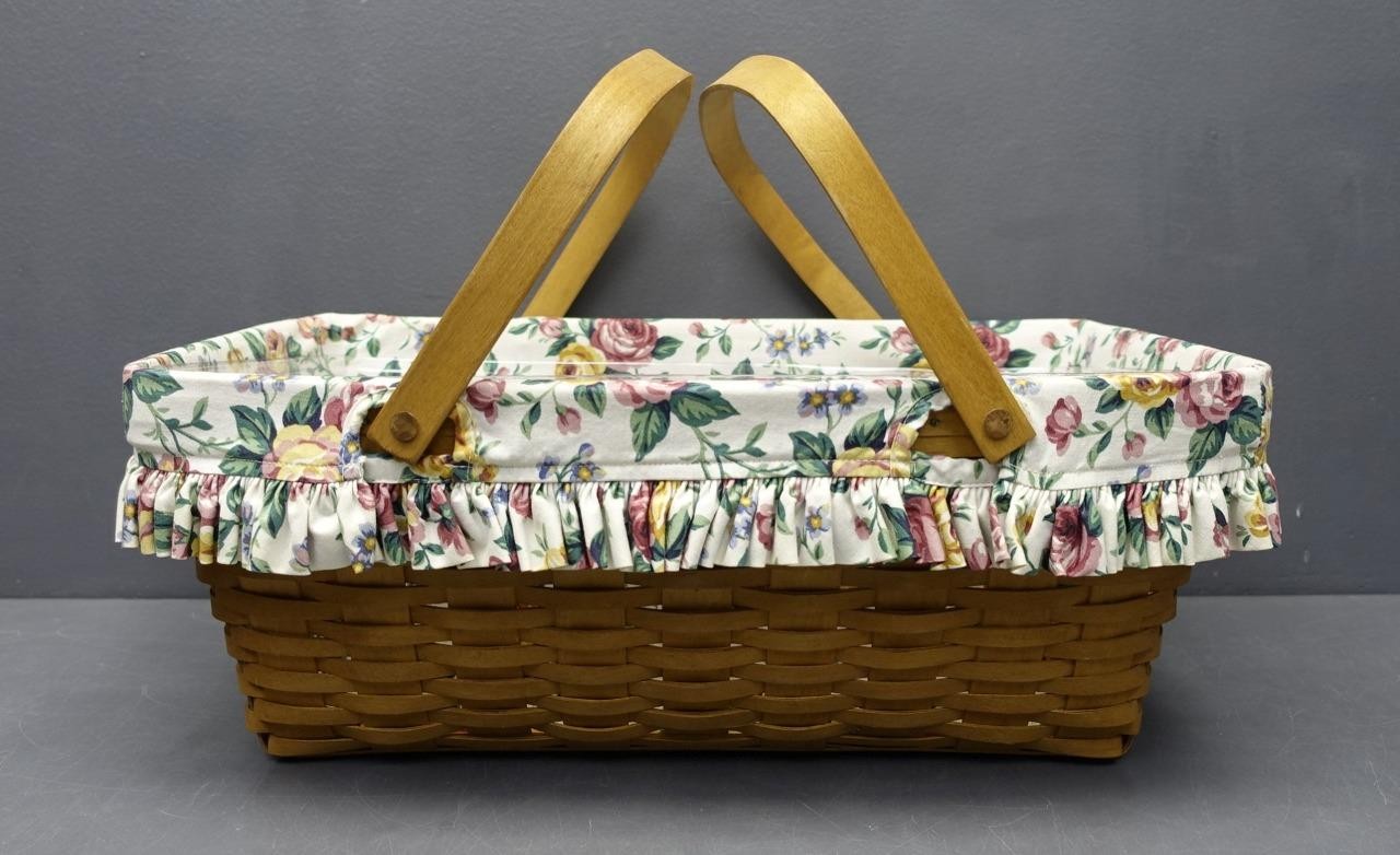Longaberger Basket Large w/ Handles/Protector & Floral Liner 1999 USA