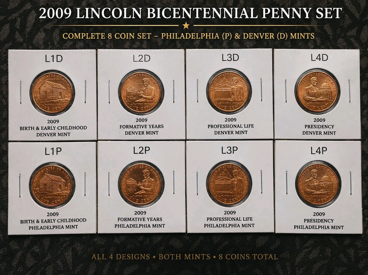 Complete Set Lincoln Bicentennial 2009 Cent Penny P & D From Mint Rolls 8 Coins