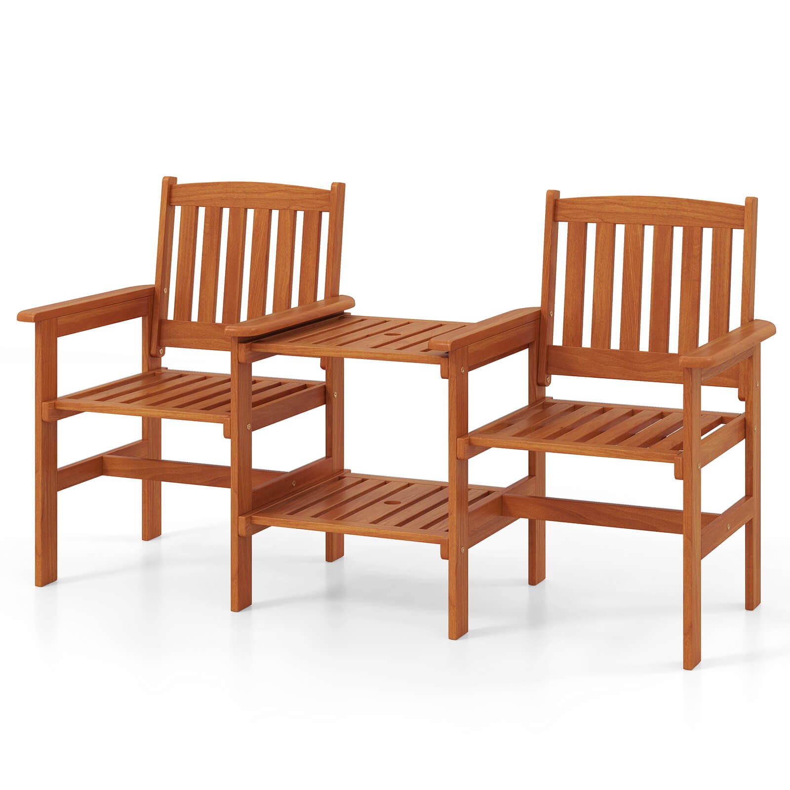 Outdoor Wood Bench Loveseat with Built-in Table 1.57" Umbrella Hole for Porch