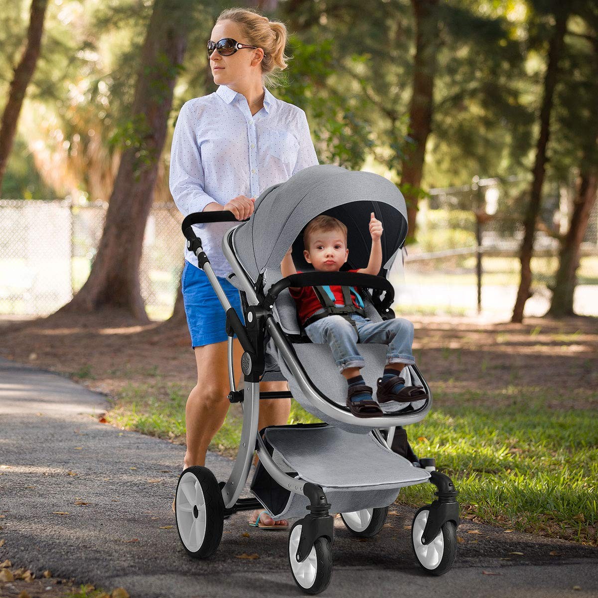 Convertible Baby Stroller with Adjustable Canopy & Storage - Gray