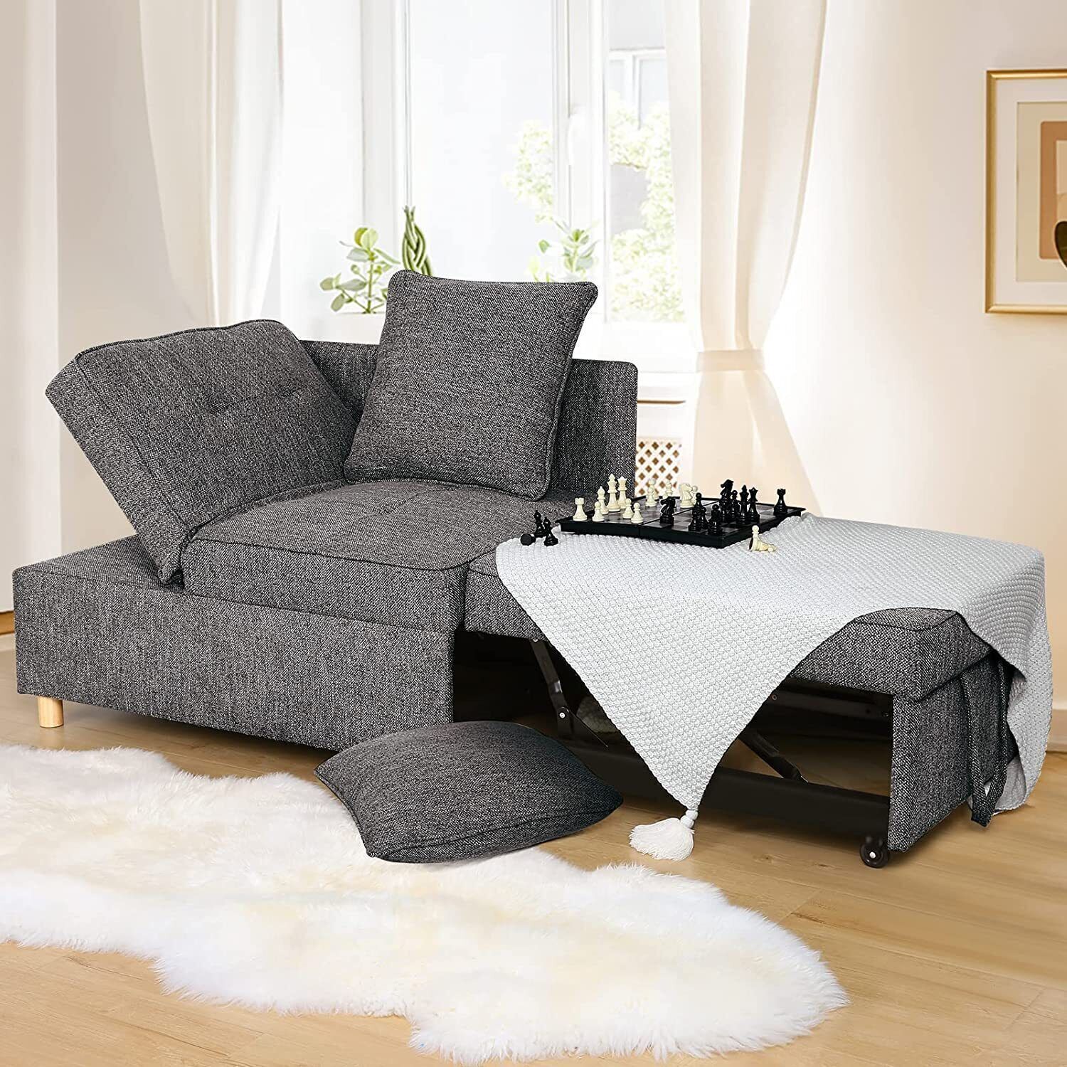 Folding Ottoman Sofa Bed Chair 4-in-1 Sleeper Sofa Adjustable Backrest+2 62