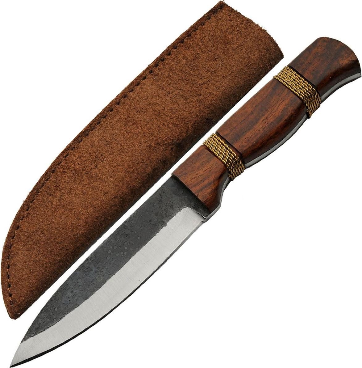 Hunting Knife | 5.5in Carbon Steel Blade Brass Wire Wood Handle + Leather Sheath
