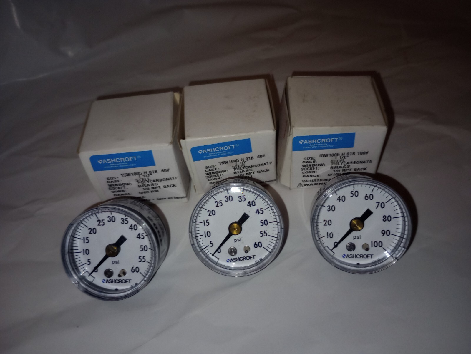 NEW 3 PCS GENUINE ASHCROFT 15W1005-H-01B (2)60# & (1)100# 1-1/2" 1/8 NPT GAUGES