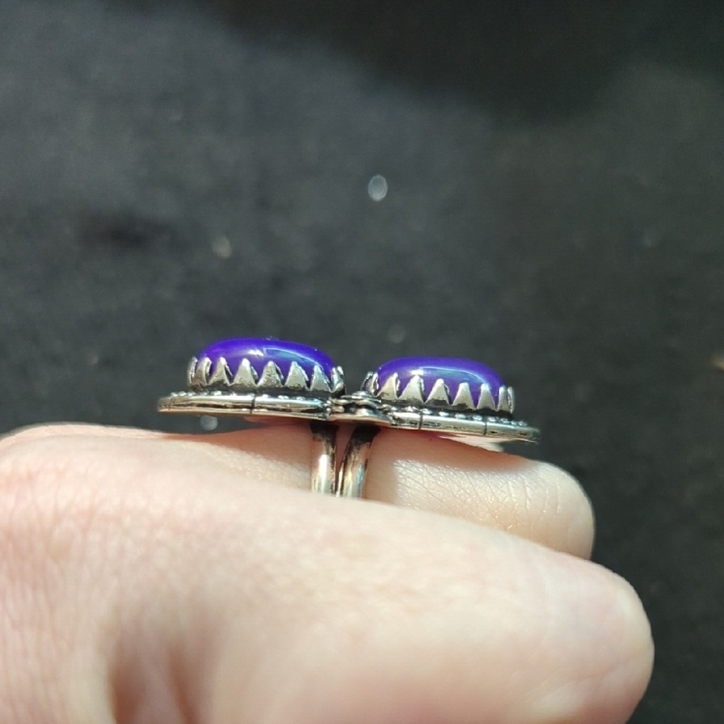 Silver Plated Purple Banded Agate Gemstone Two Stone Statement Ring - size 7-9