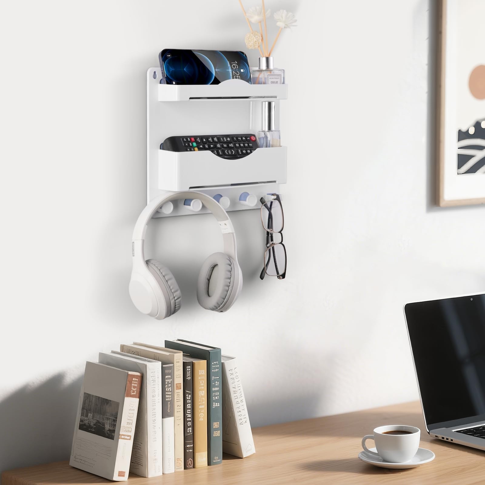 Bedside Wall Shelf with Glasses Hooks, Adhesive Bedside Organizer Wall Mount ...