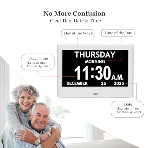 7'' Dementia Clock For Seniors, Large Display Digital Clock With Date, 7" White