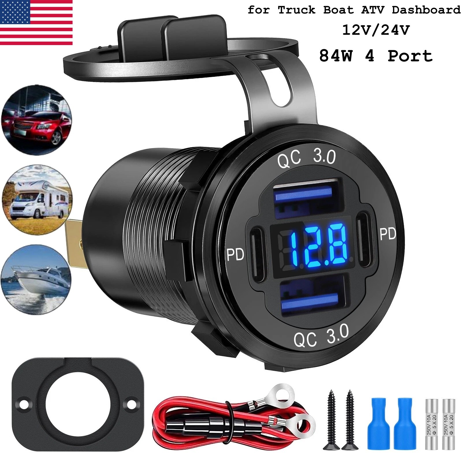 4 Port Car Charger with Voltmeter & Dust Cover 84W QC3.0 for 12V/24V Truck, RV