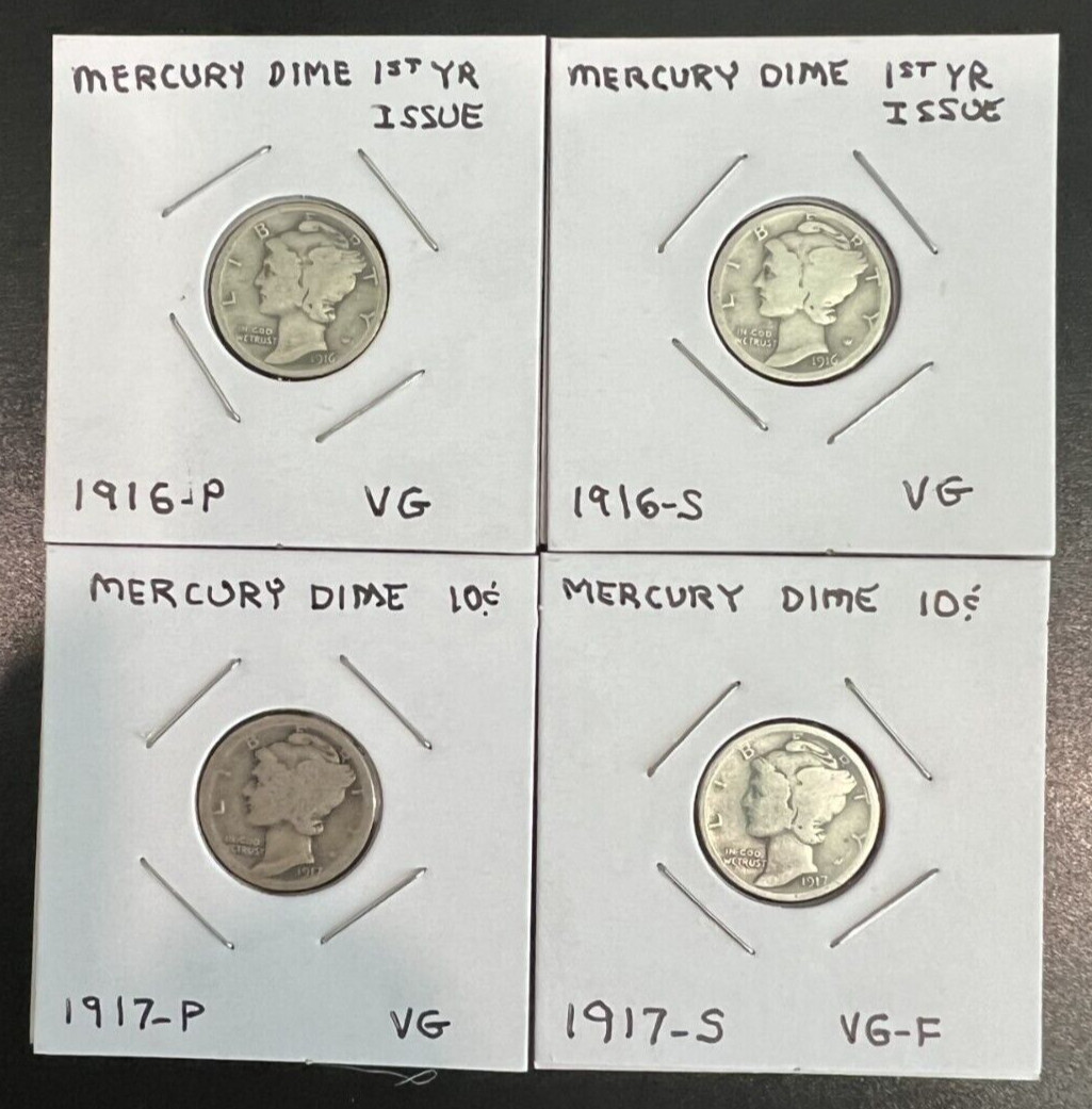 1916-1917 | P&S | Mercury Silver Dimes | 10c | US Coin | Four-Coin Set | Set #1