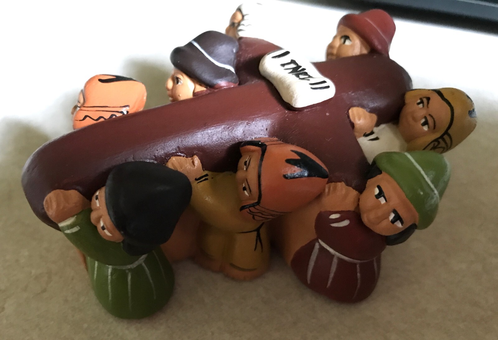 Peru Clay Figures Carrying Crucifix Cross Ethnic Handmade Religious Folk Art