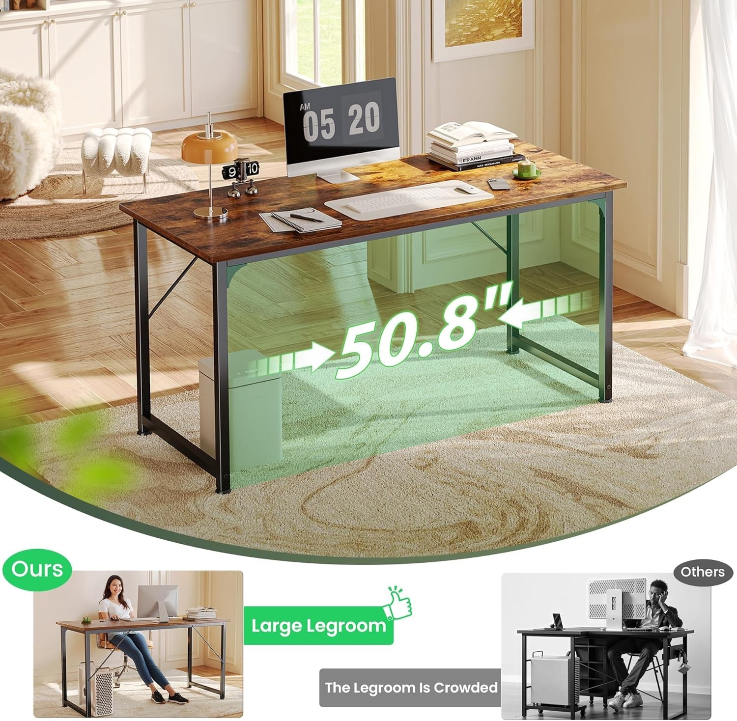 Computer Desk, Rustic Brown, 55 Inch Home Office Gaming Work from Home Study