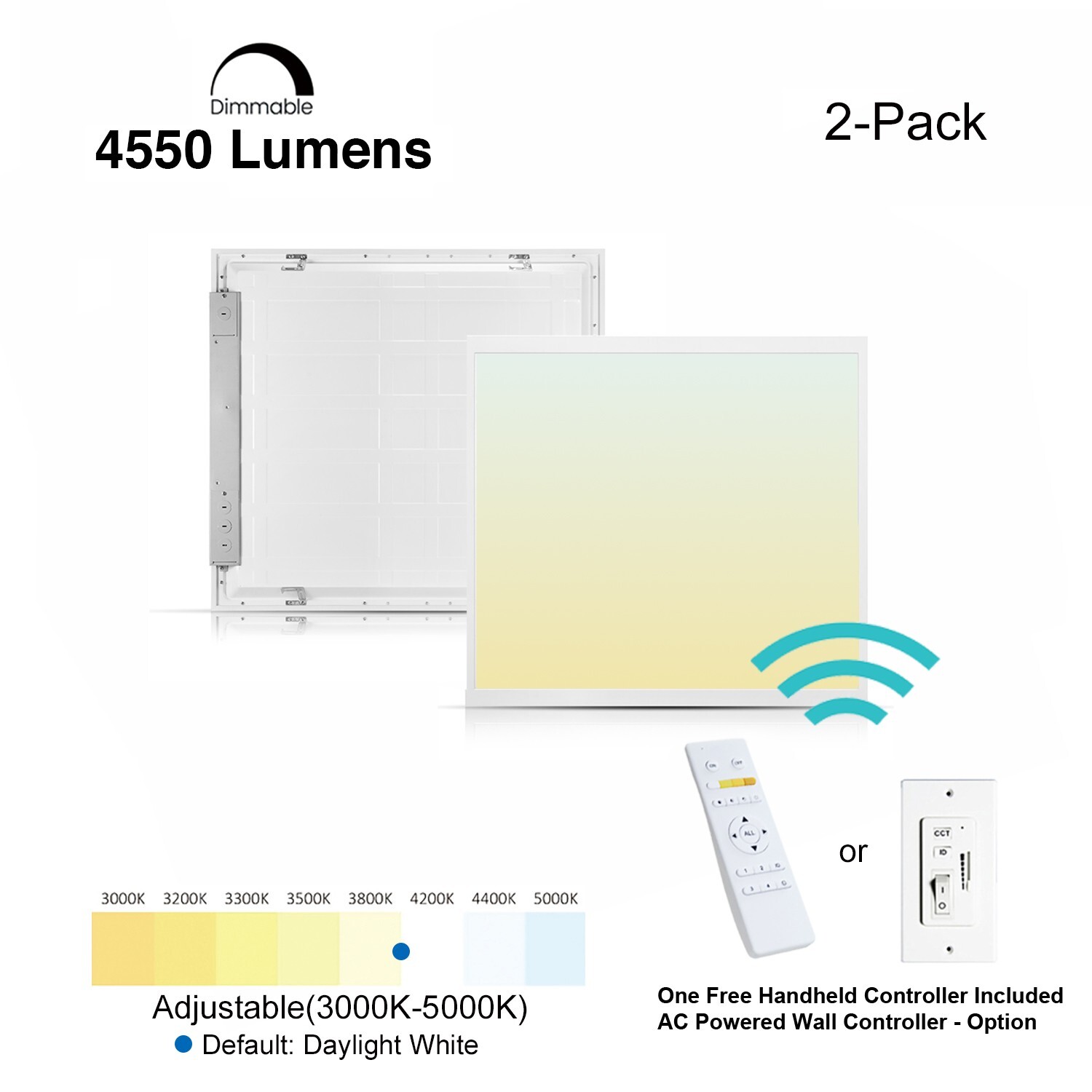2 PK 2x2 LED Flat Panel Light Remote Control 3000k-5000k Dimmable Office Troffer