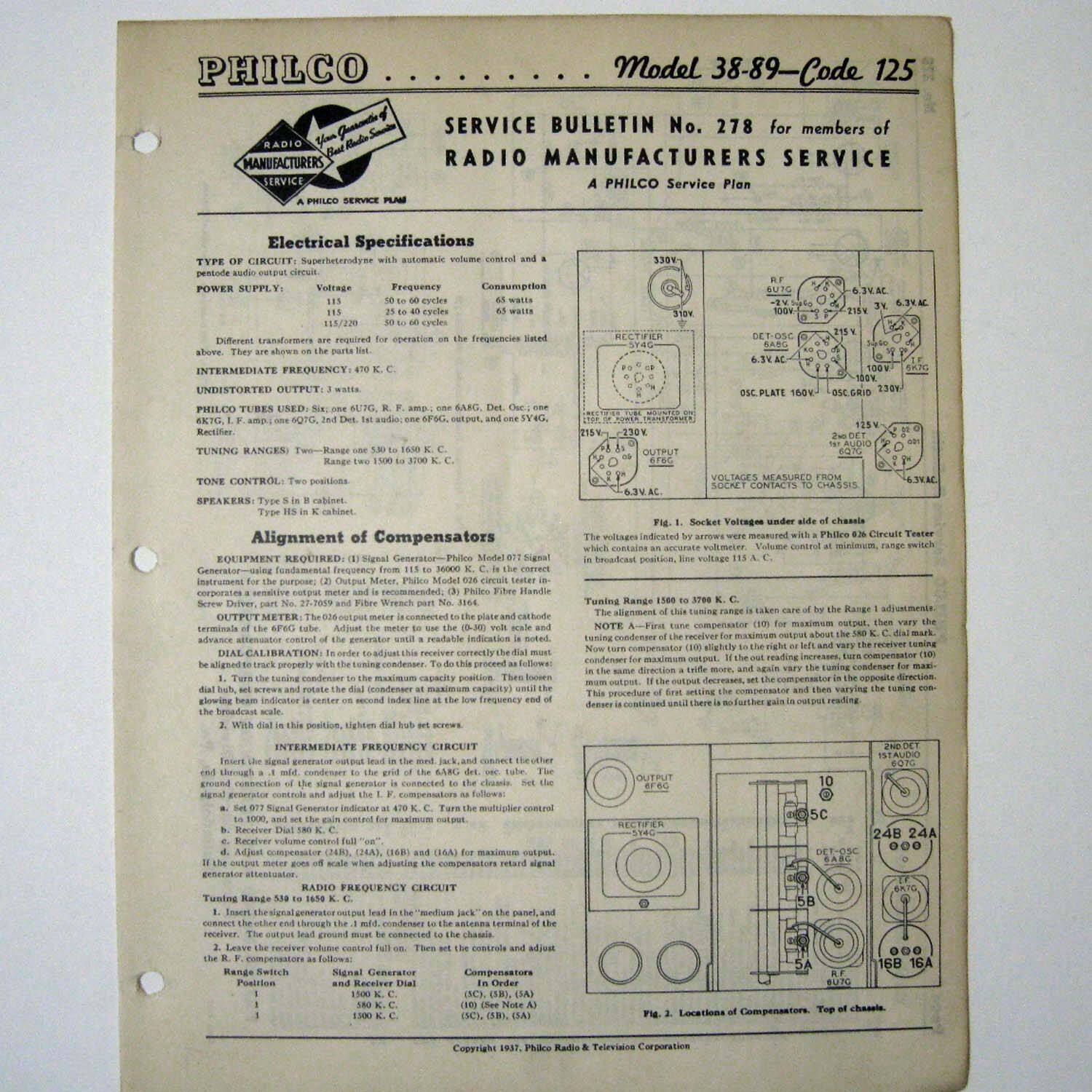 PHILCO ® Model 38-89 Code 125 Radio Service Manual - 2 Pages - © 1937