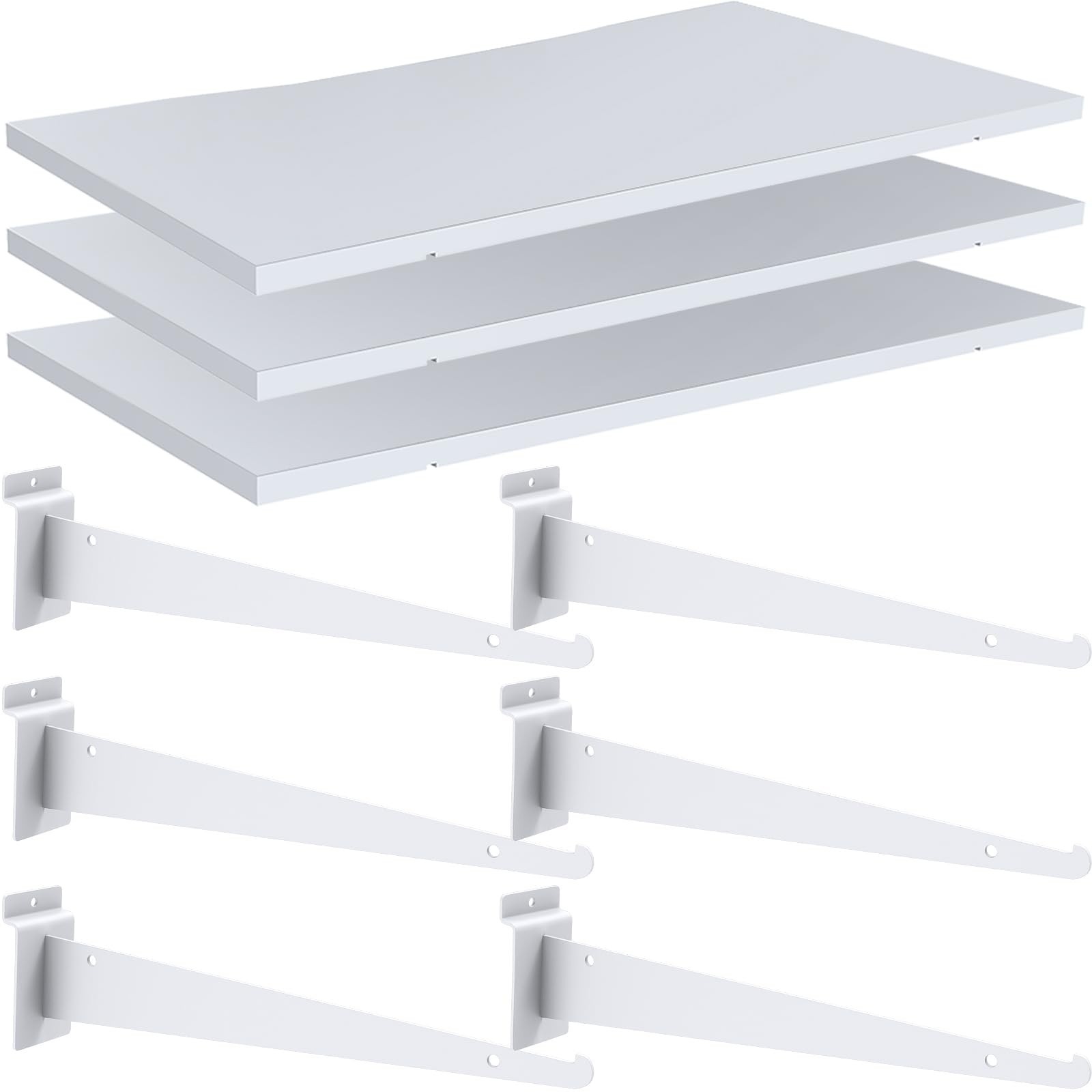 3 Pack White Slatwall Shelf, 24" x 12" Wooden Slat Wall Shelves with Metal Br...