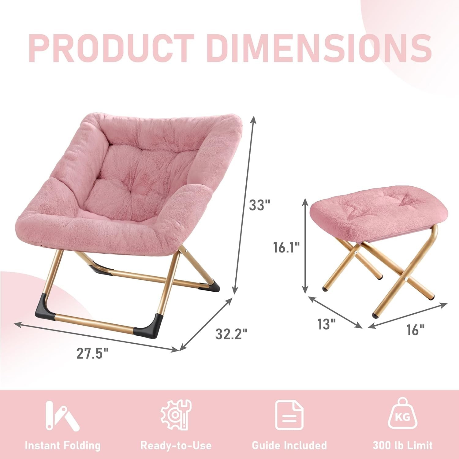 Foldable Oversized Reading Chair with Ottoman, Non-Slip Pad & Cozy Faux Fur