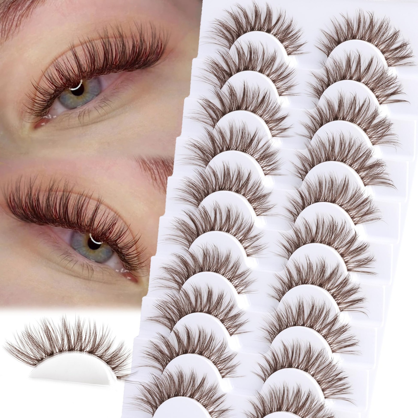Brown Lashes Natural Look False Eyelashes Wispy 10 pair (Pack of 1), Black