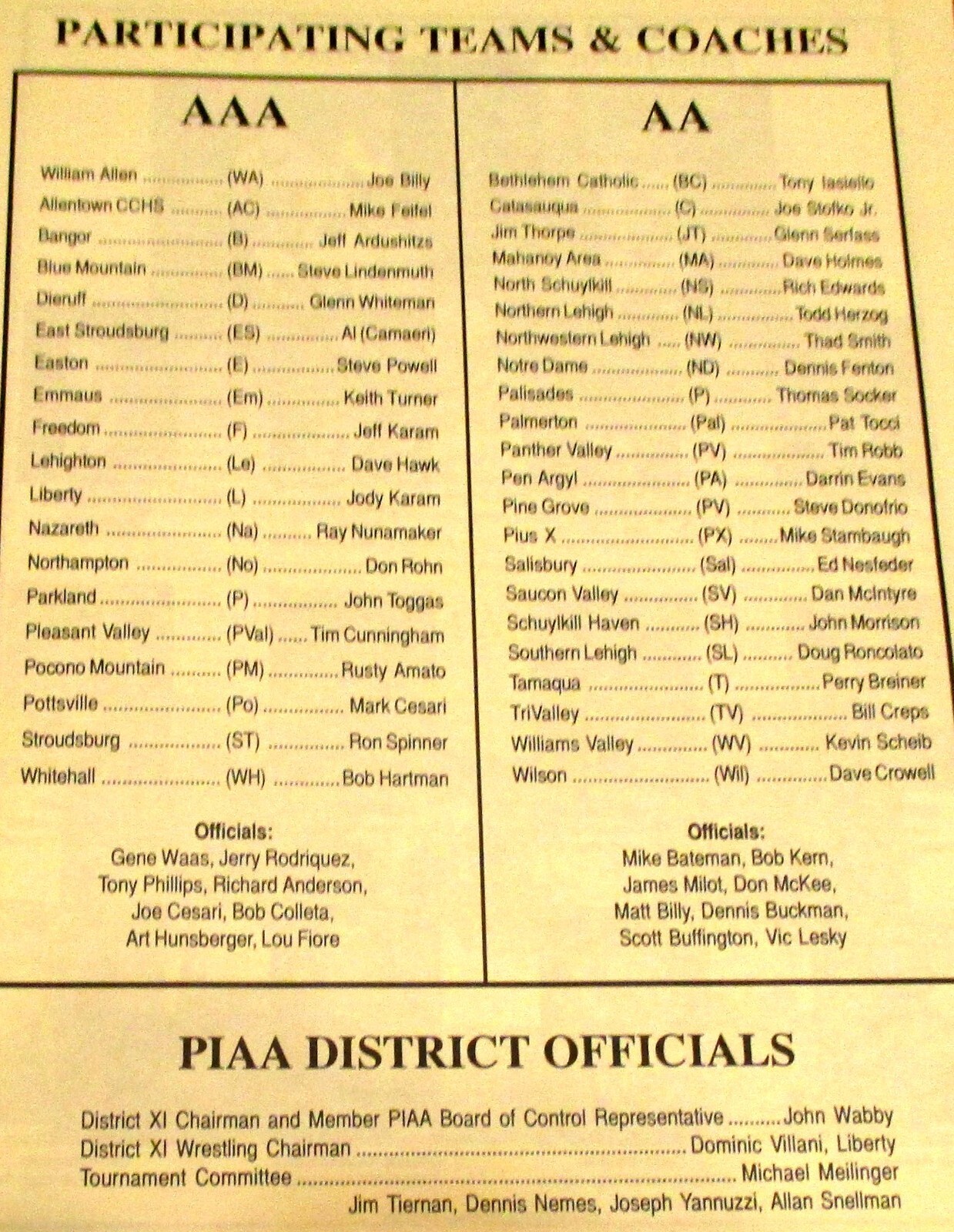 1998 PIAA District 11 Class AA & AAA Wrestling Championship Souvenir Program