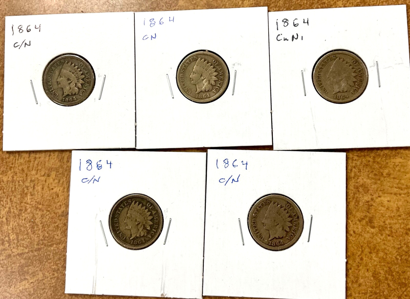 1864 Indian cents  copper nickel  civil war time lot of 5