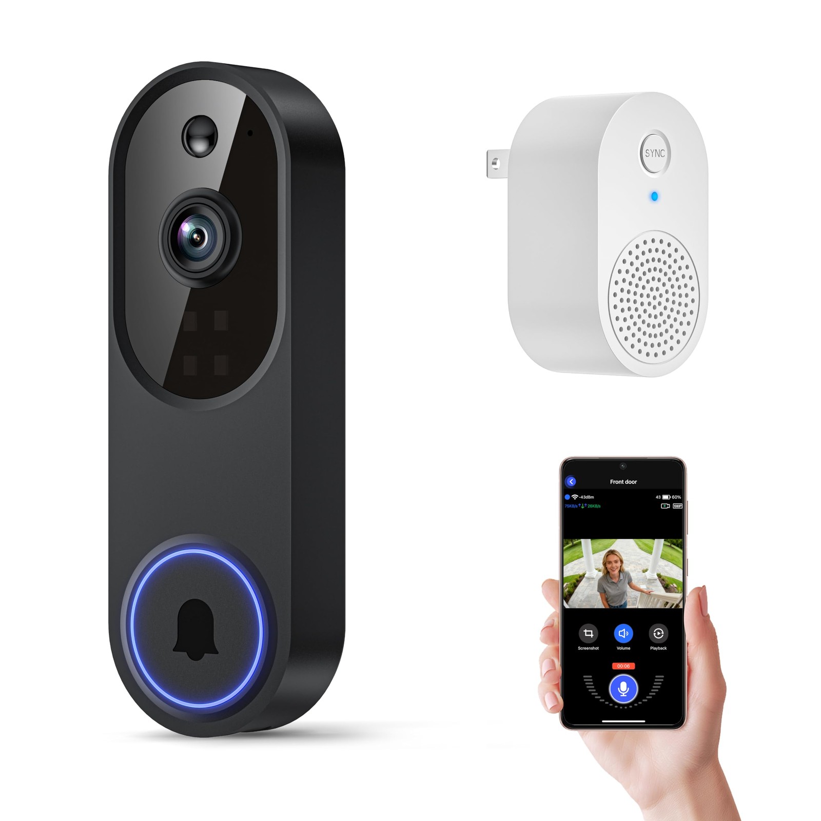 1080p Wireless Wi-Fi Video Doorbell Camera with Two Way Audio, Night Vision, ...