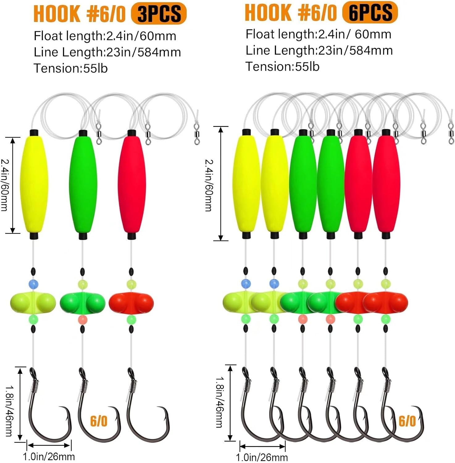 Dovesun Catfish Rigs Santee Rig Float 23", Cigar Float-6/0Hook * 6PCS