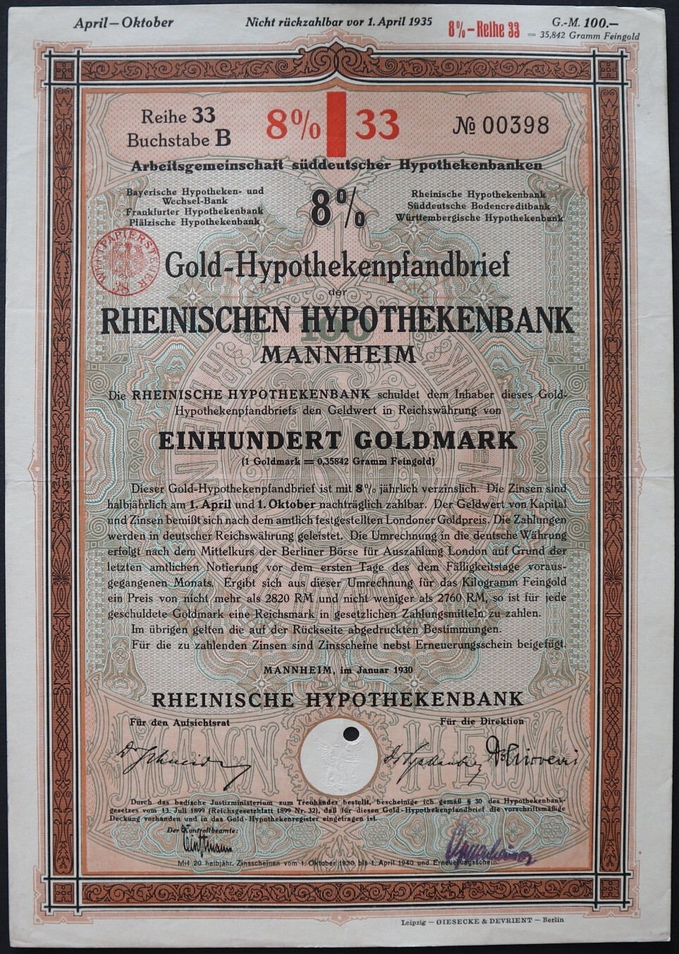 100 Goldmark 1930 - Series: 00398 - MANNHEIM-RHEINISCHEN BANK Loan Bond - "Y131