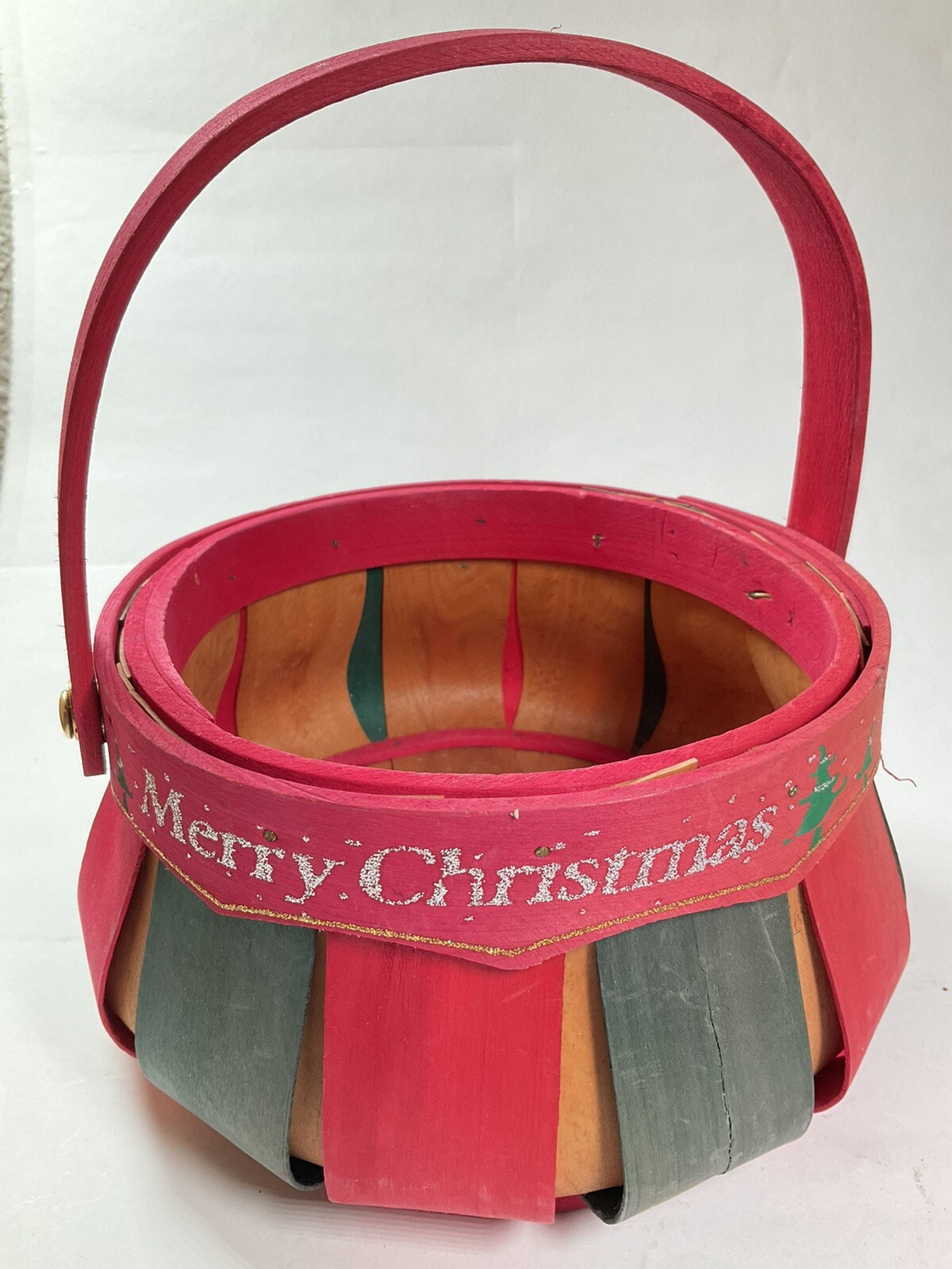 Wicker Basket Painted with Merry Christmas & Trees Swing Handle