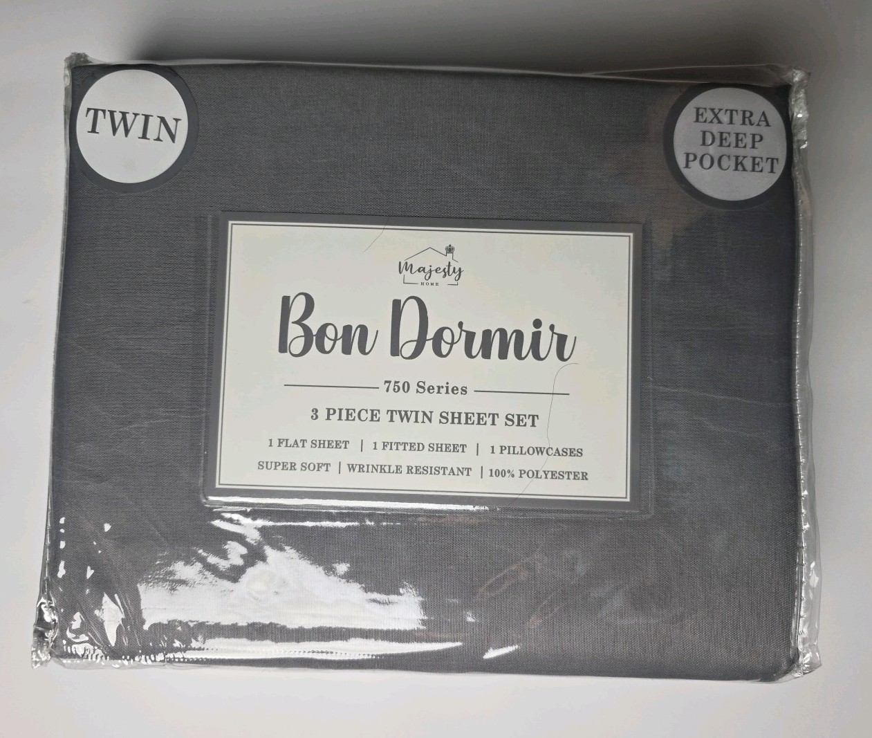 NEW! Majesty Bon Dormir 750 Series 3 Piece Twin Sheet Set, Gray